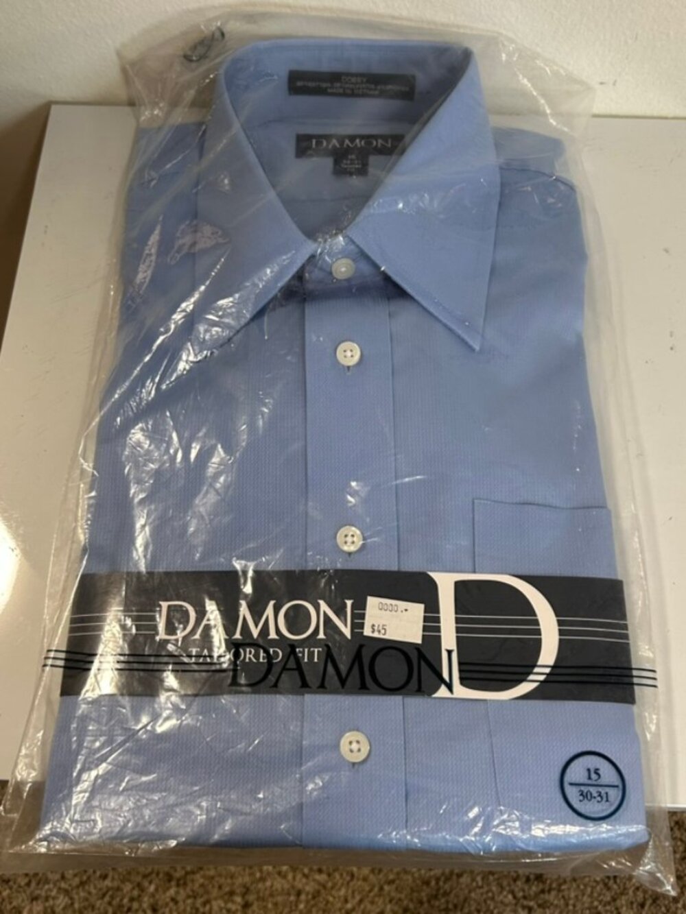 NWT Damon Tailored Fit "Dobby" Size 15 30/31 Easy Care Blue Button Down Shirt